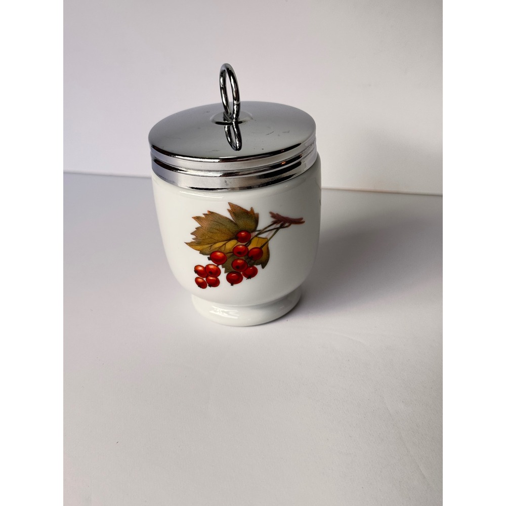 Royal Worcester Evesham Fruit Porcelain Egg Coddler with Chrome Lid England